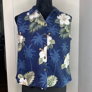 Pacific Legend blue floral Hawaiian sleeveless shirt button up 100% cotton